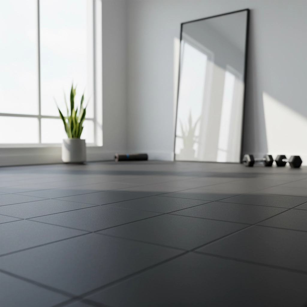 Dalles de sol en caoutchouc posées pour un espace technique ou sportif.