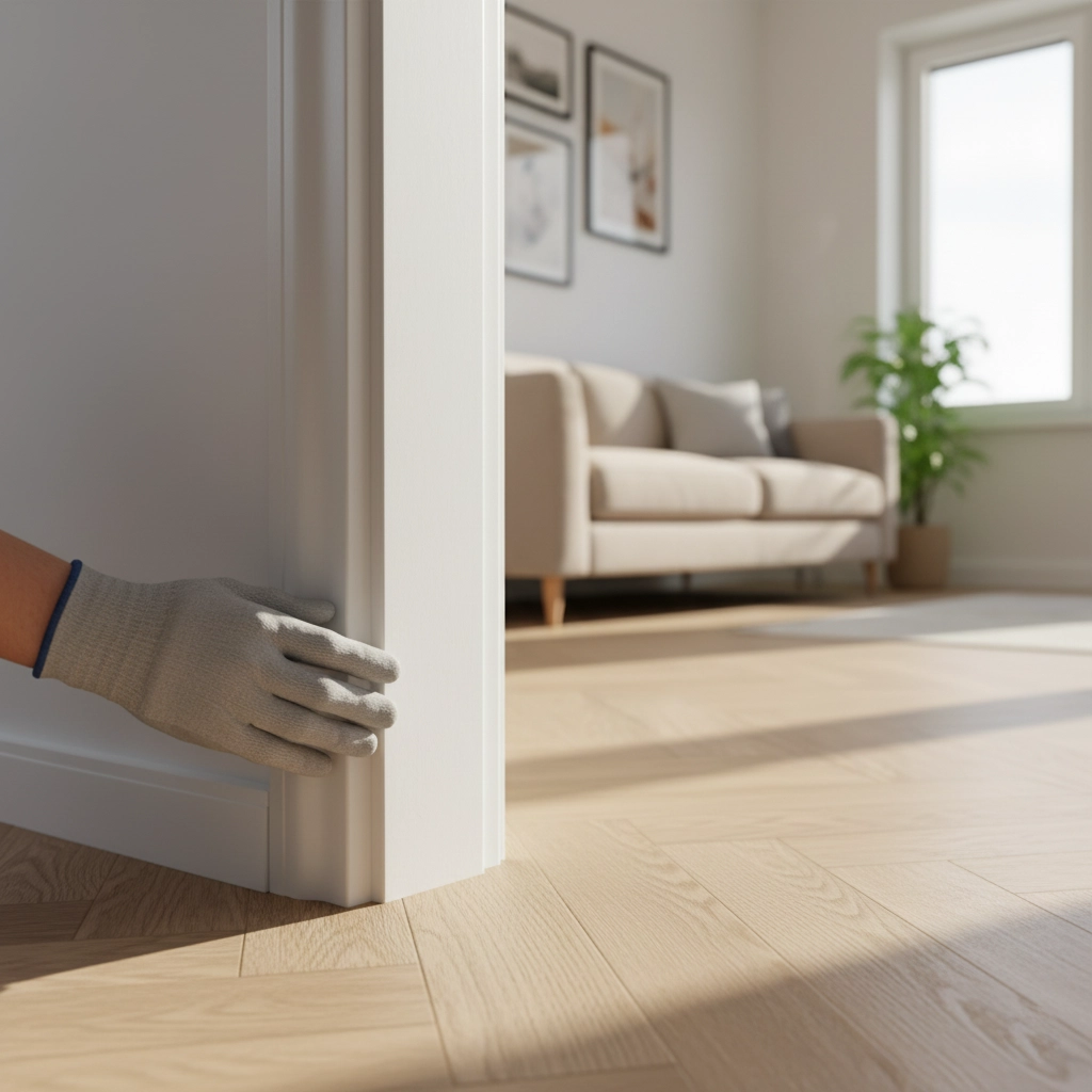 Plinthes assorties posées pour une finition propre et harmonieuse du sol.