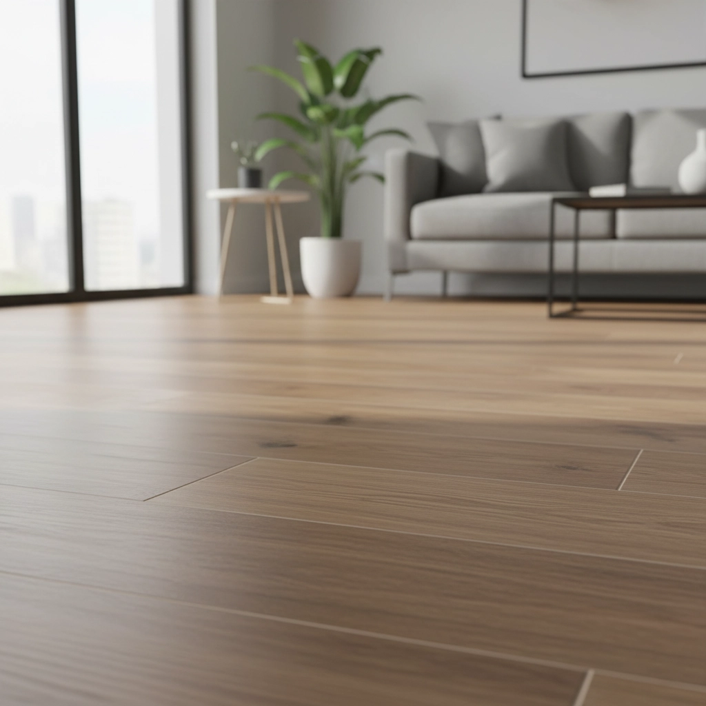 Sol stratifié avec finition bois posé proprement dans une pièce de vie.