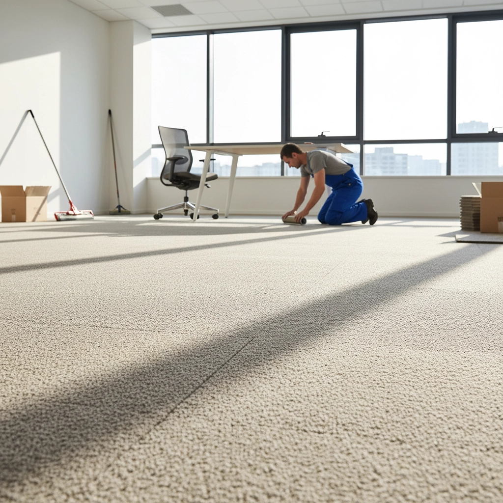 Moquette douce et isolante posée dans une chambre ou un bureau.